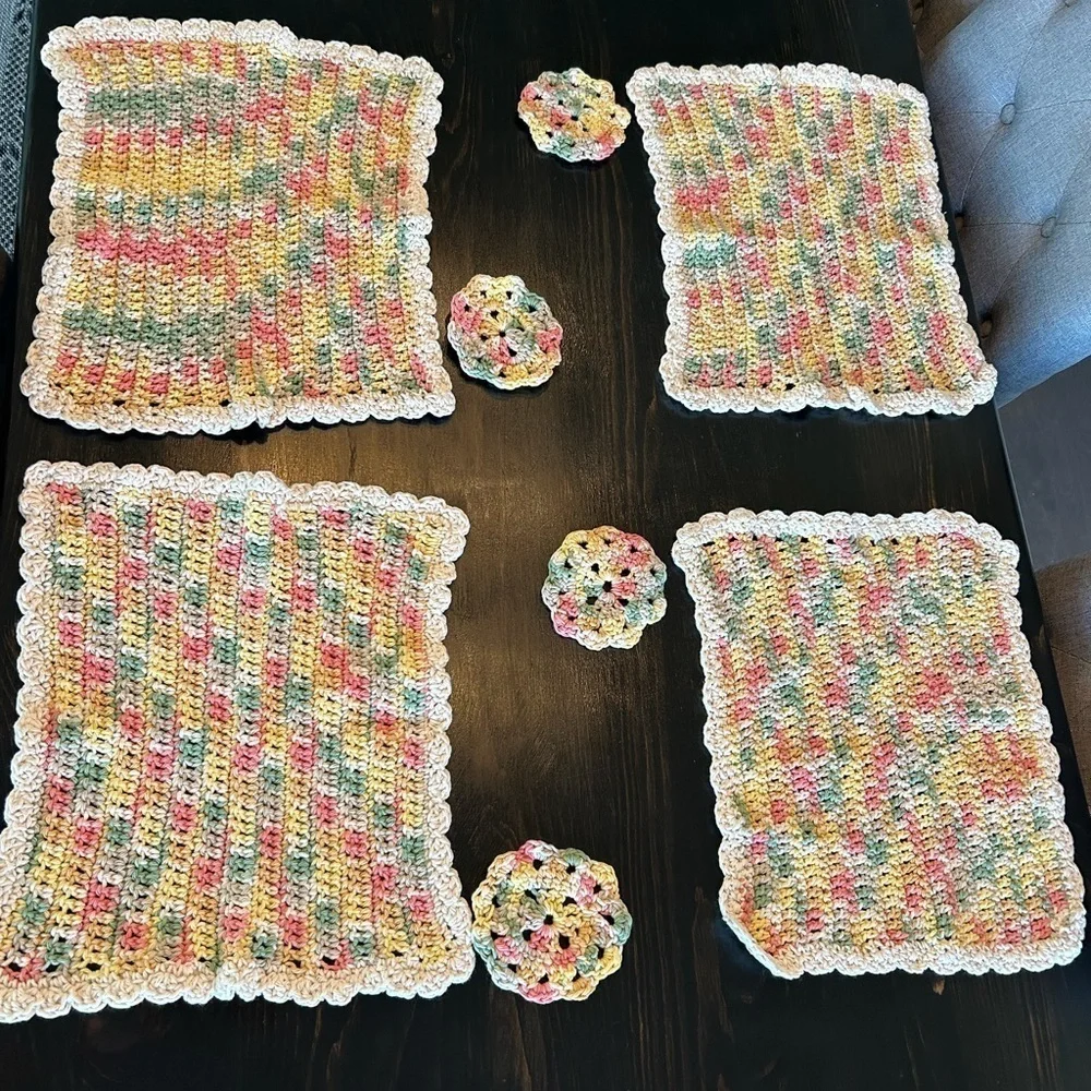Vintage Hand Knit Set of Four Placemats and Coasters. Vintage charm. Handmade.